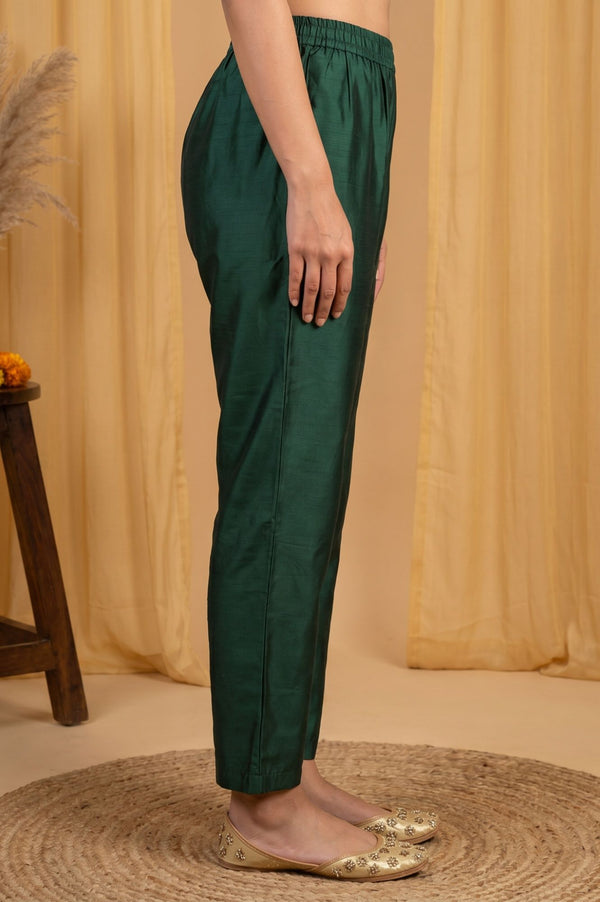 Teal Yarn Dyed Thread Embroidered Straight Fit Ankle Length Mid Rise Trousers