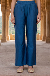 Blue Yarn Dyed Solid Straight Fit Ankle Length Mid Rise Trousers