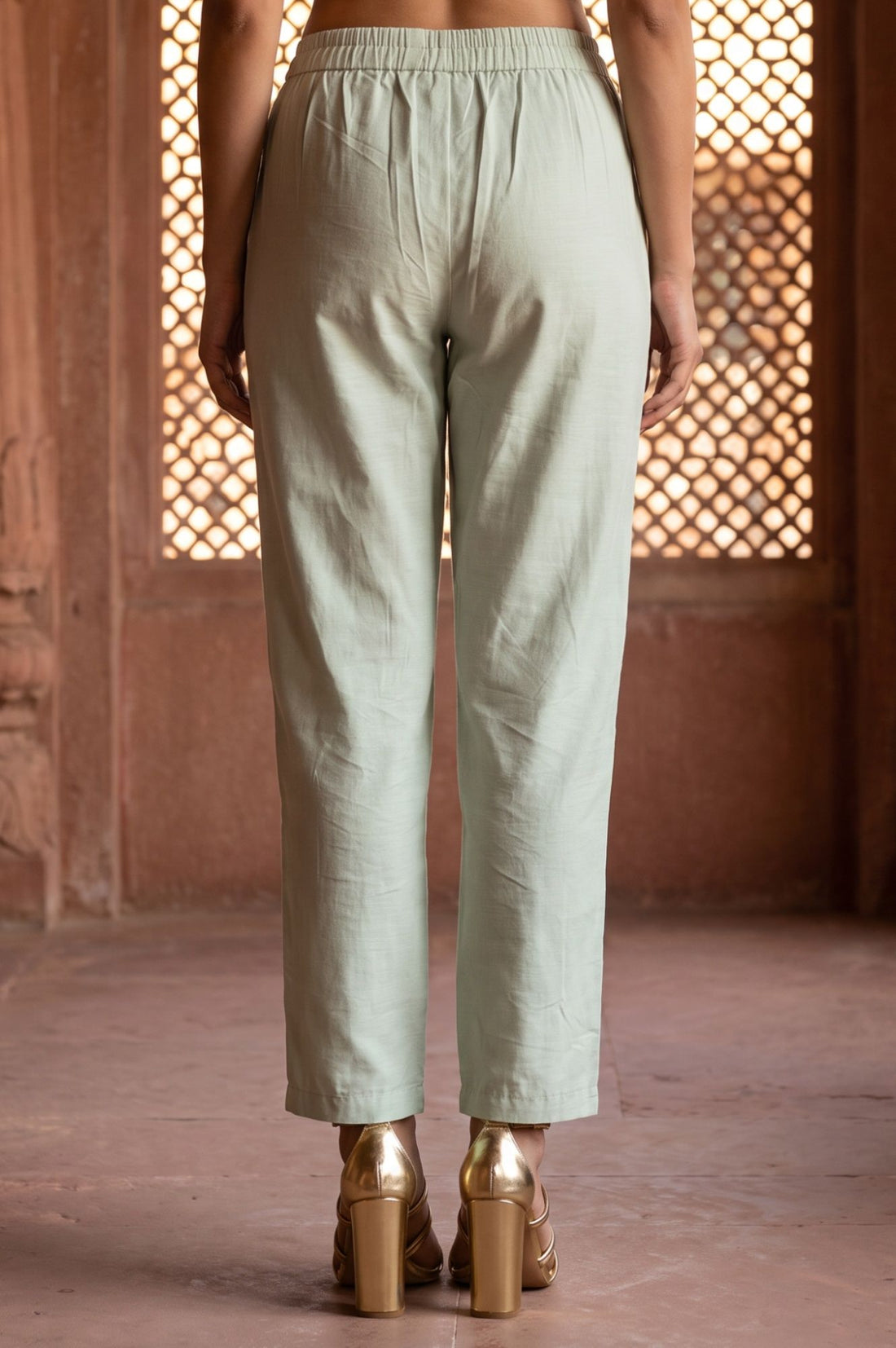 Mint Green Yarn Dyed Solid Straight Fit Ankle Length Trousers