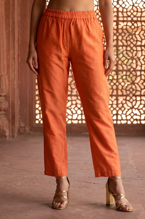 Orange Yarn Dyed Solid Straight Fit Ankle Length Trousers