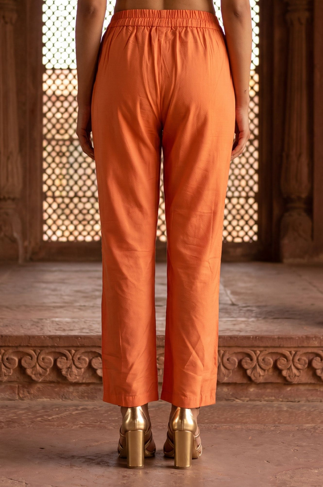 Orange Yarn Dyed Solid Straight Fit Ankle Length Trousers