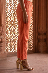 Orange Yarn Dyed Solid Straight Fit Ankle Length Trousers