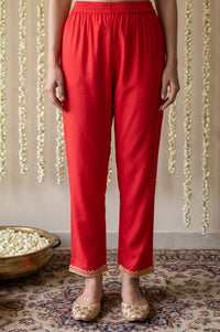 Red Hem Zari Embroidered Rayon Straight Fit Ankle Length Mid Rise Trousers