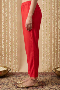 Red Hem Zari Embroidered Rayon Straight Fit Ankle Length Mid Rise Trousers