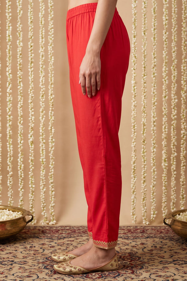Red Hem Zari Embroidered Rayon Straight Fit Ankle Length Mid Rise Trousers