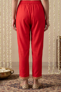 Red Hem Zari Embroidered Rayon Straight Fit Ankle Length Mid Rise Trousers