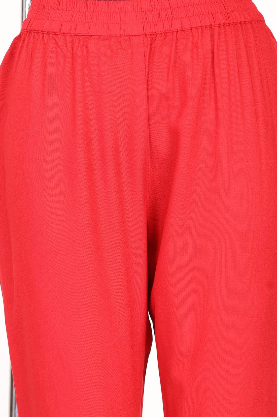 Red Hem Zari Embroidered Rayon Straight Fit Ankle Length Mid Rise Trousers