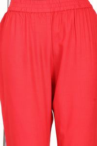 Red Hem Zari Embroidered Rayon Straight Fit Ankle Length Mid Rise Trousers