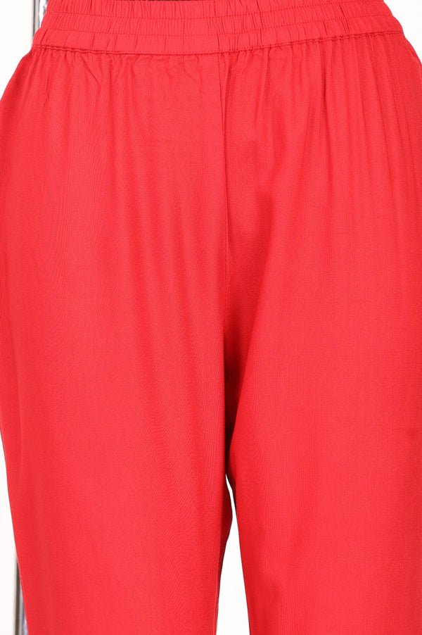 Red Hem Zari Embroidered Rayon Straight Fit Ankle Length Mid Rise Trousers