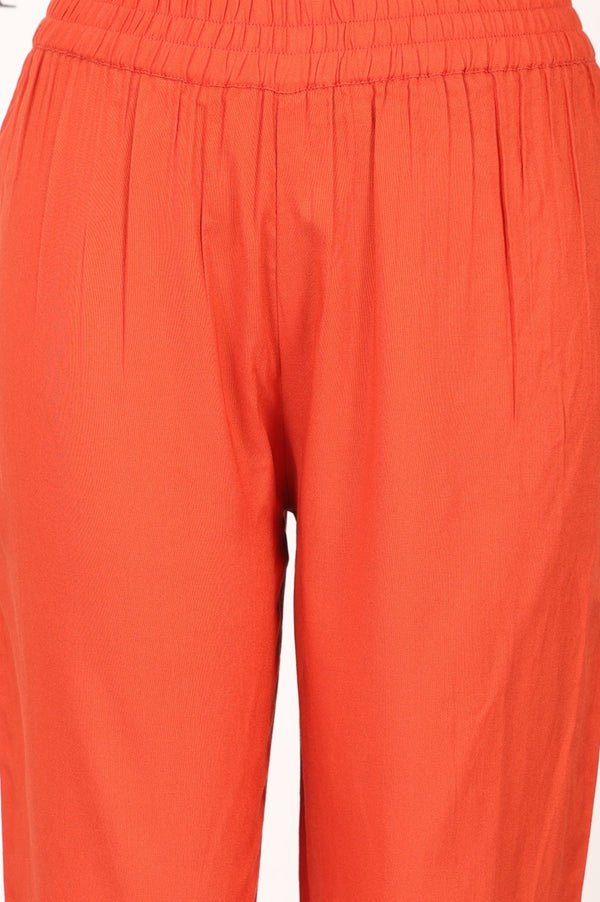 Orange Solid Buttons Rayon Ankle Length Mid Rise Trousers