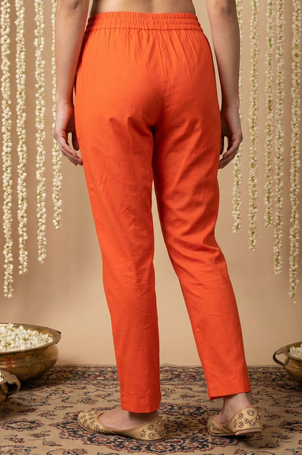 Orange Solid Buttons Rayon Ankle Length Mid Rise Trousers