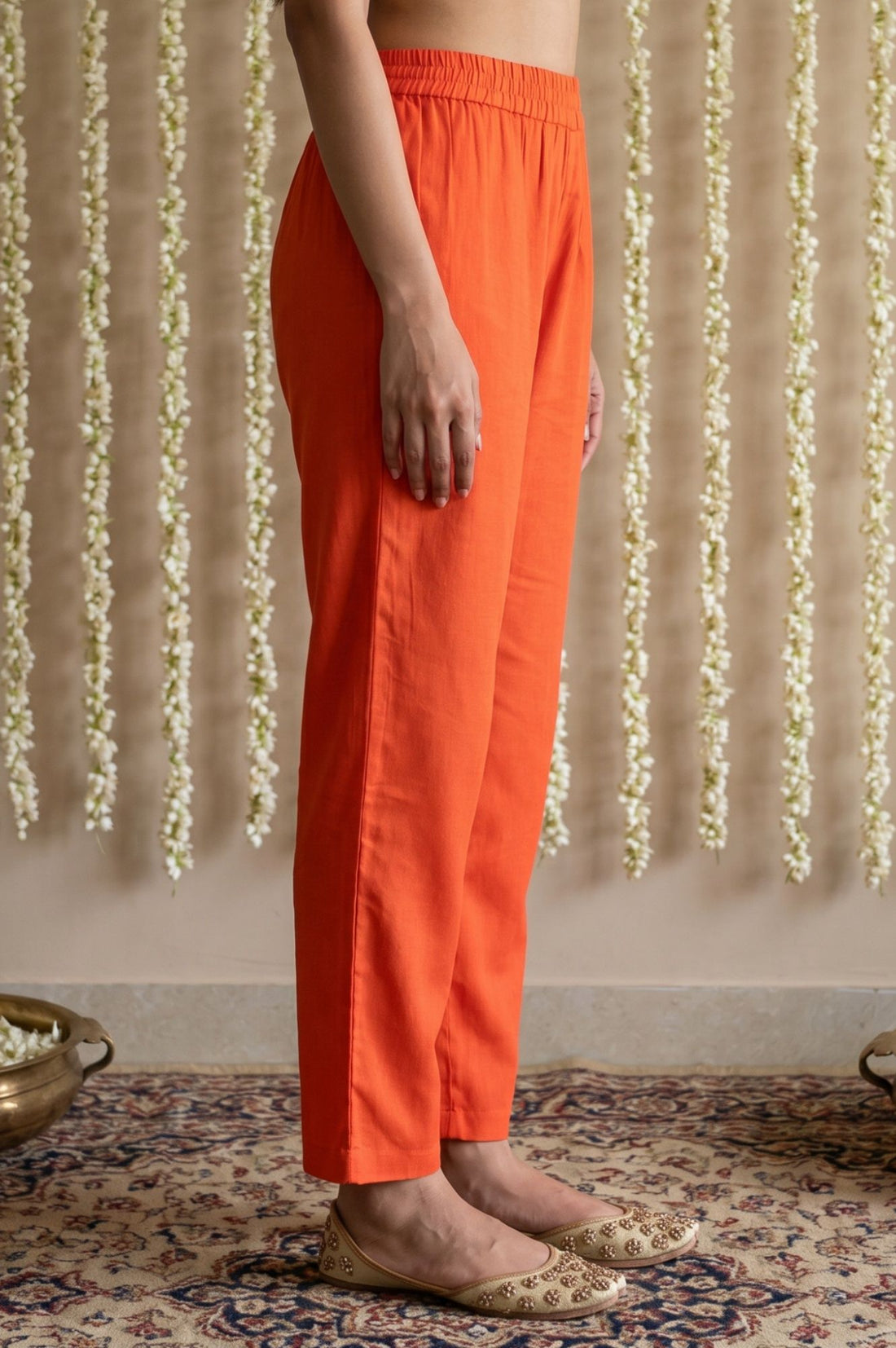 Orange Solid Buttons Rayon Ankle Length Mid Rise Trousers