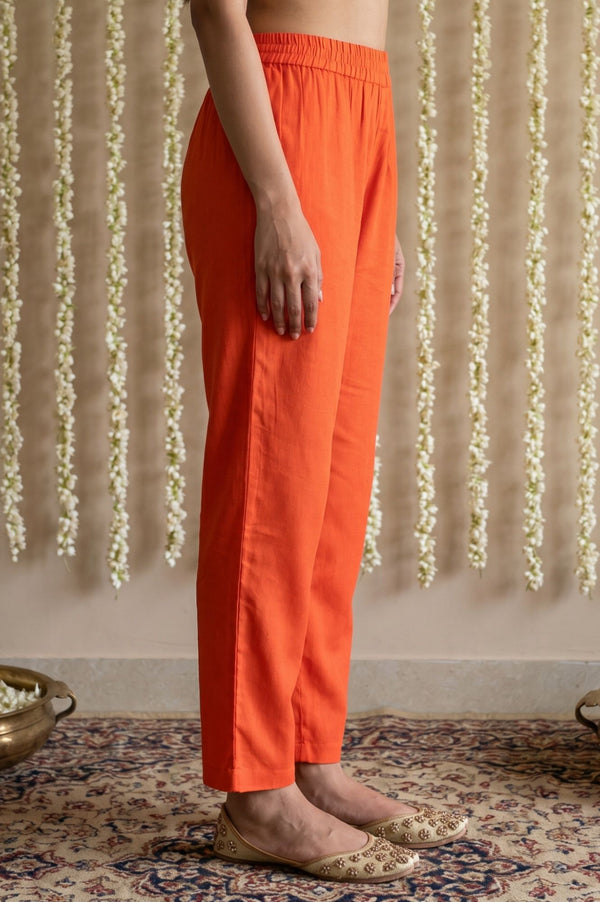 Orange Solid Buttons Rayon Ankle Length Mid Rise Trousers