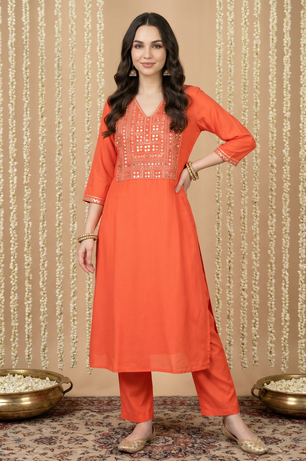 Orange Solid Buttons Rayon Ankle Length Mid Rise Trousers