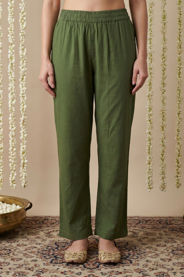 Olive Solid Buttons Rayon Ankle Length Mid Rise Trousers