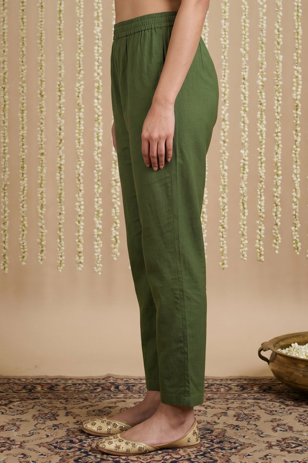 Olive Solid Buttons Rayon Ankle Length Mid Rise Trousers