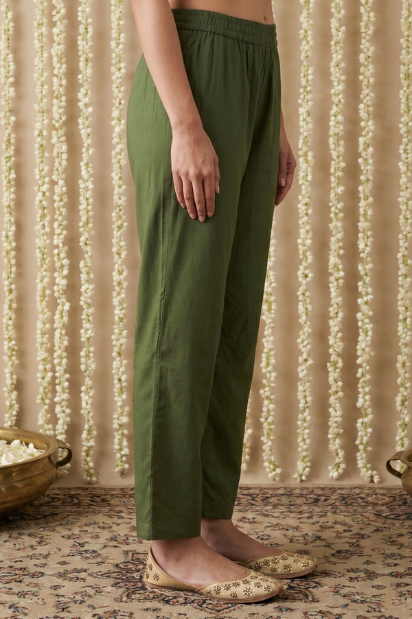 Olive Solid Buttons Rayon Ankle Length Mid Rise Trousers