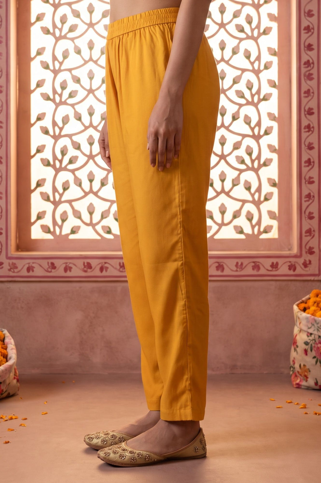 Yellow Solid Rayon Straight Fit Ankle Length Trousers