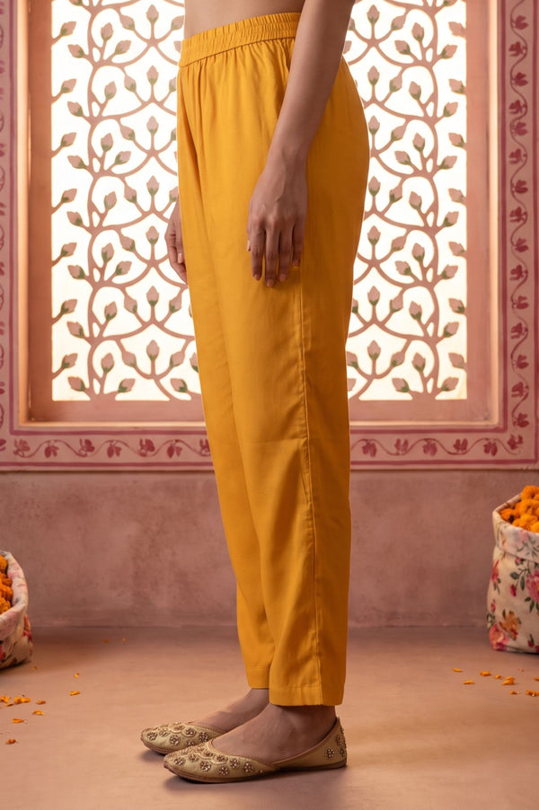 Yellow Solid Rayon Straight Fit Ankle Length Trousers