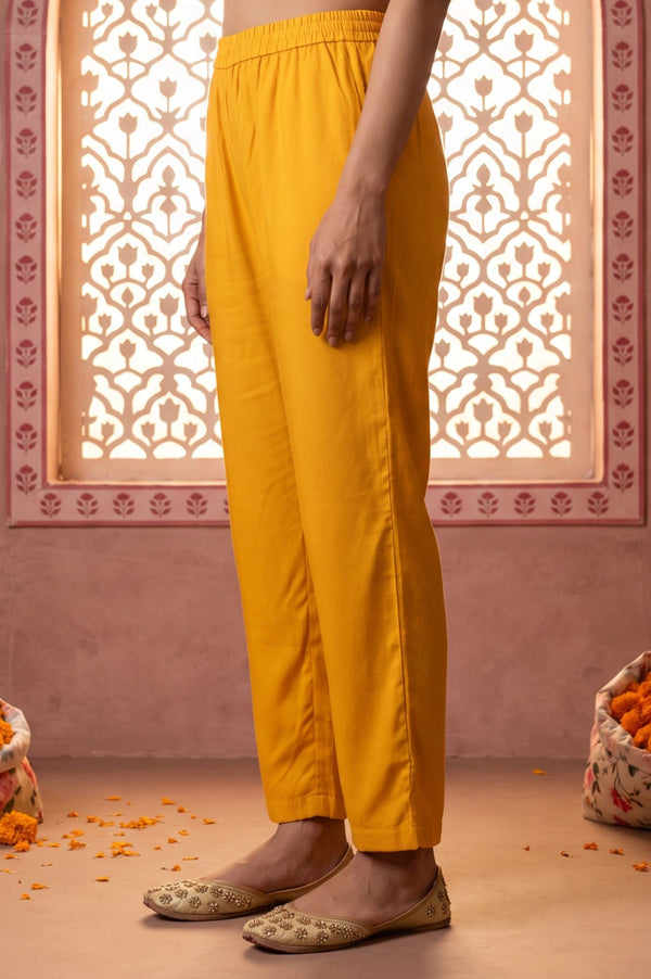 Yellow Solid Rayon Straight Fit Ankle Length Trousers