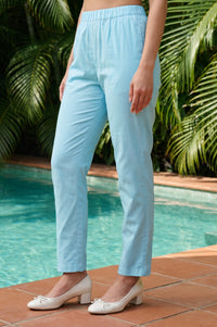 Light Blue Pure Cotton Mid Rise Ankle Length Straight Fit Trousers