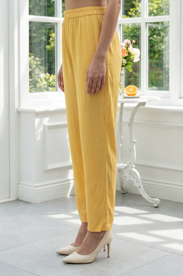 Mustard Pure Cotton Straight Fit Ankle Length Mid Rise Trousers