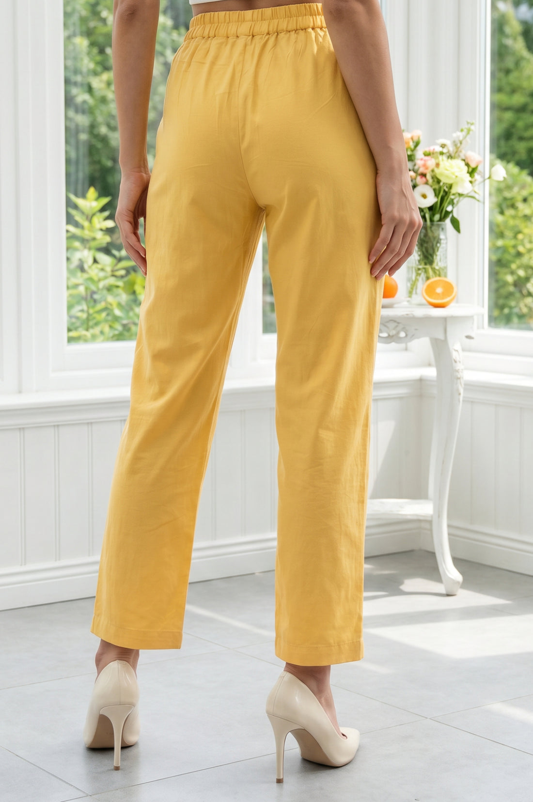 Mustard Pure Cotton Straight Fit Ankle Length Mid Rise Trousers
