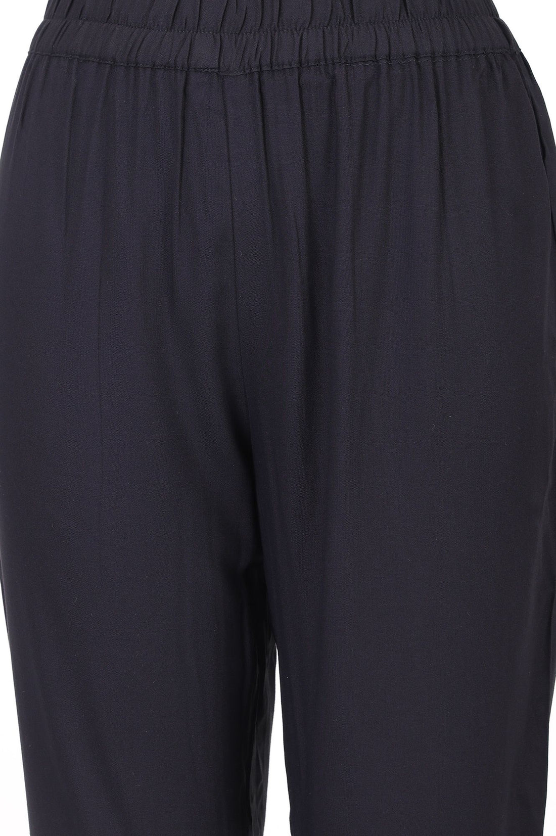 Black Solid Buttons Rayon Ankle Length High Rise Trousers