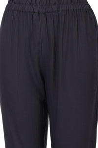 Black Solid Buttons Rayon Ankle Length High Rise Trousers