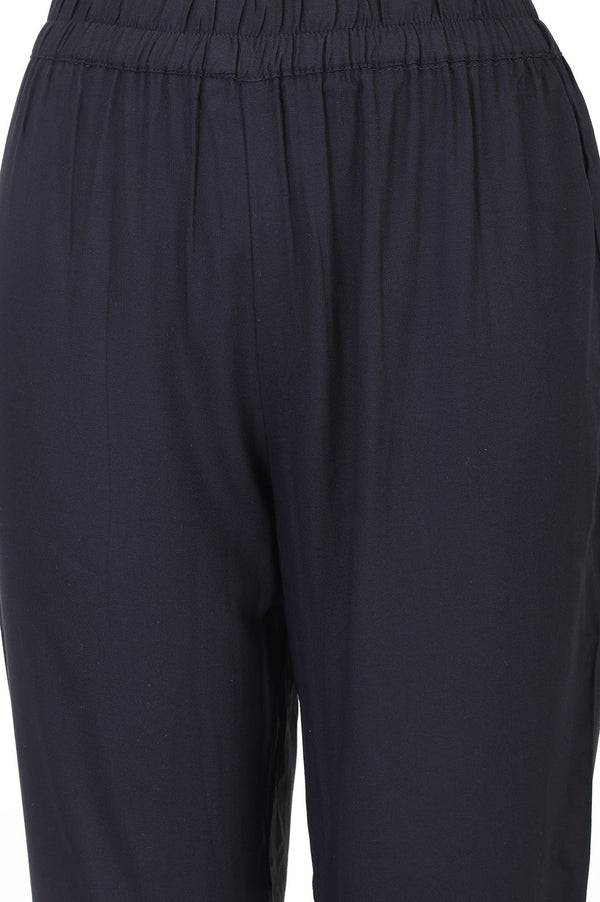 Black Solid Buttons Rayon Ankle Length High Rise Trousers