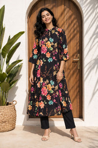 Black Solid Buttons Rayon Ankle Length High Rise Trousers