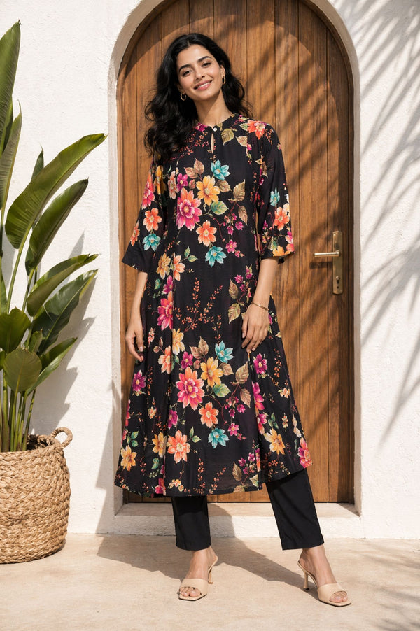 Black Solid Buttons Rayon Ankle Length High Rise Trousers
