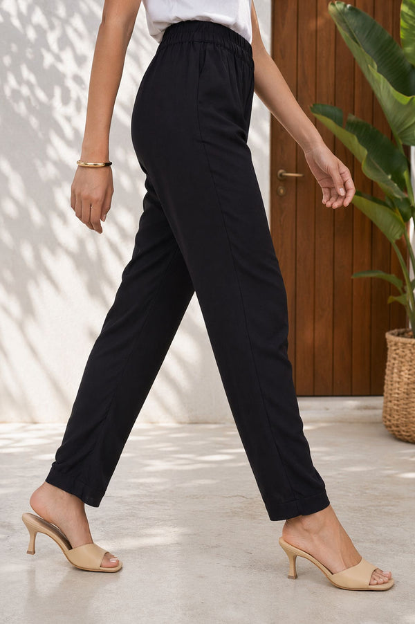Black Solid Buttons Rayon Ankle Length High Rise Trousers