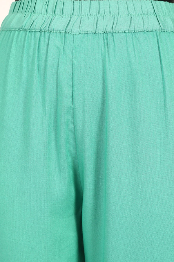 Mint Green Solid Buttons Rayon Tapered Ankle Length High Rise Trousers