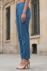 Blue Solid Straight Fit Ankle Length Mid Rise Trousers