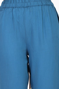 Blue Solid Straight Fit Ankle Length Mid Rise Trousers