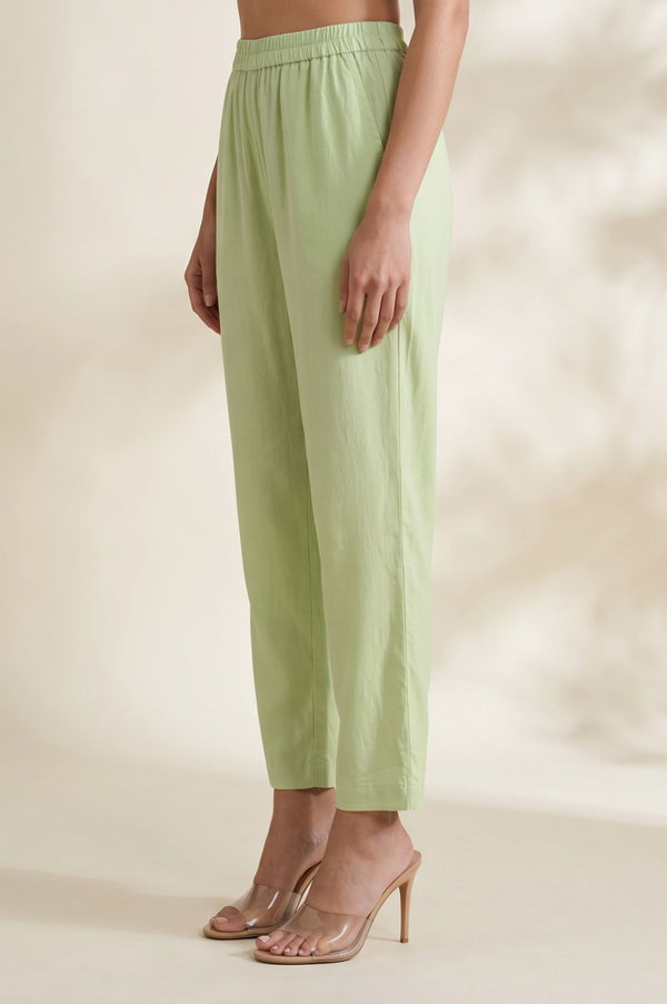 Mint Green Solid Buttons Rayon Straight Ankle Length Mid Rise Trousers