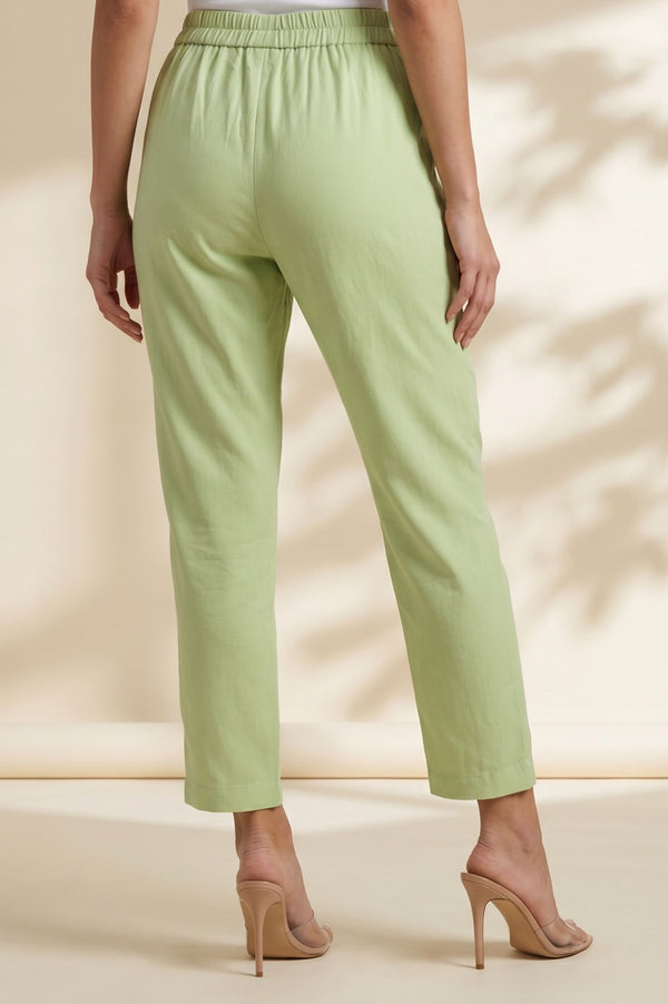 Mint Green Solid Buttons Rayon Straight Ankle Length Mid Rise Trousers