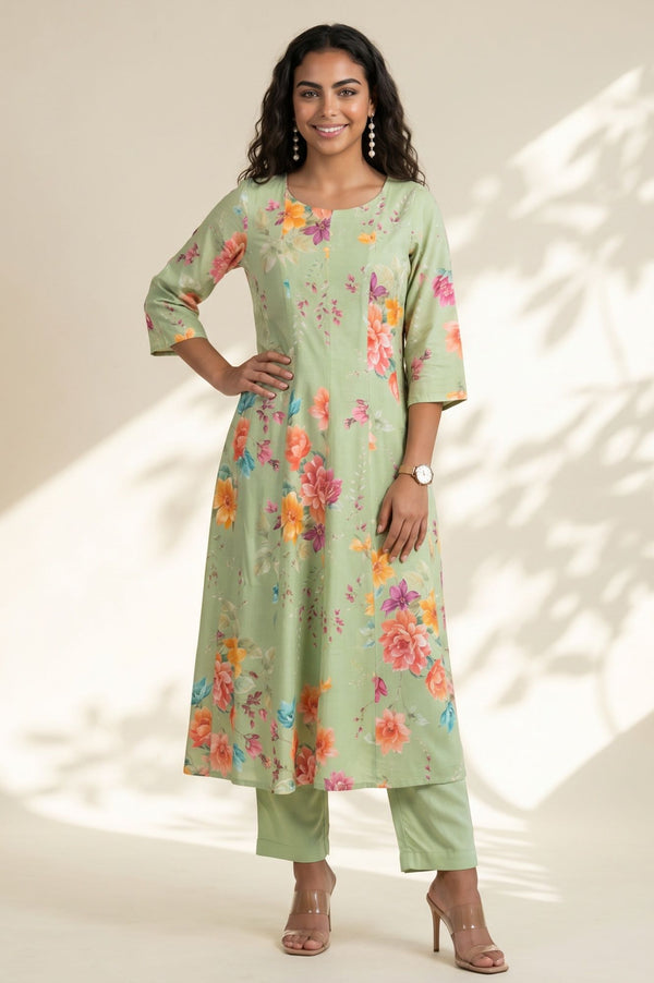 Mint Green Solid Buttons Rayon Straight Ankle Length Mid Rise Trousers