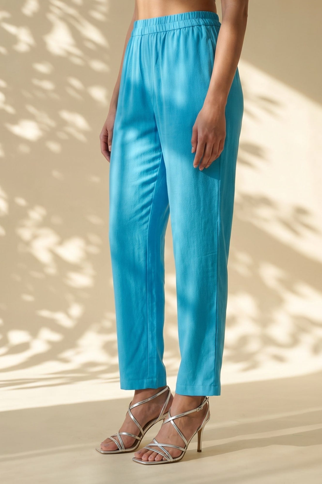 Turquoise Blue Solid Buttons Rayon Straight Ankle Length Mid Rise Trousers