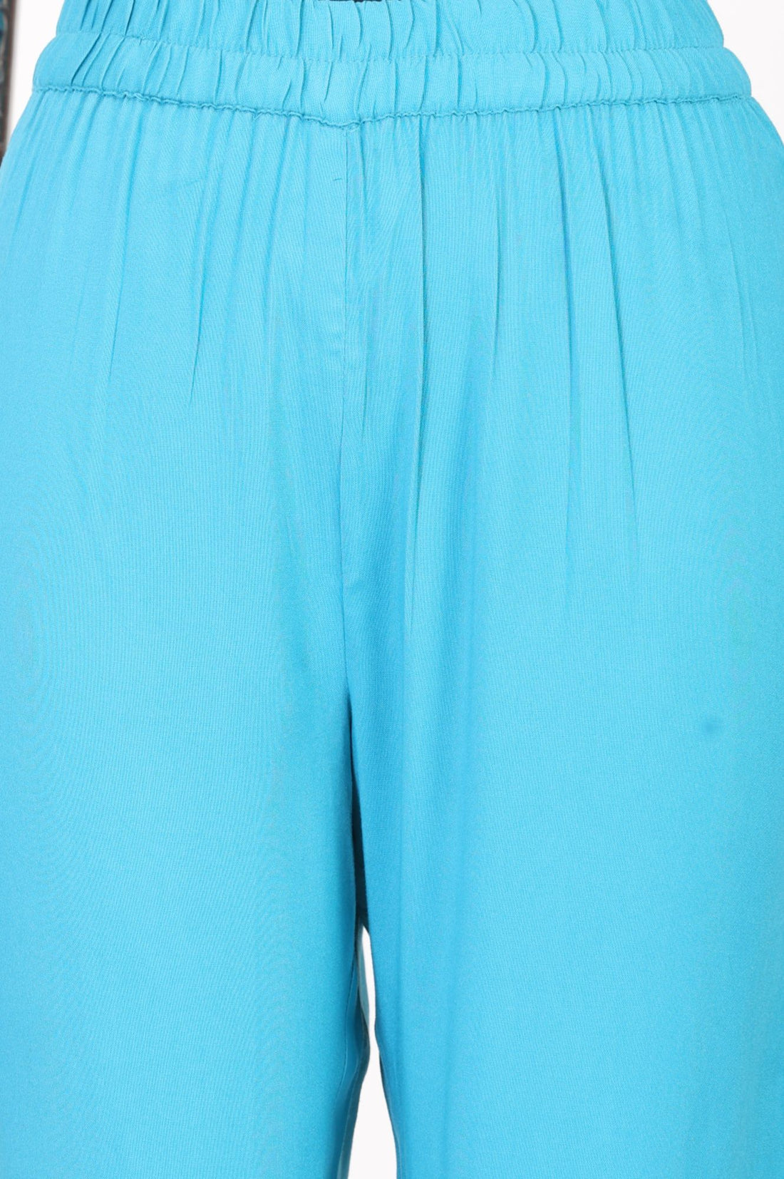Turquoise Blue Solid Buttons Rayon Straight Ankle Length Mid Rise Trousers