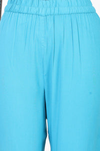 Turquoise Blue Solid Buttons Rayon Straight Ankle Length Mid Rise Trousers