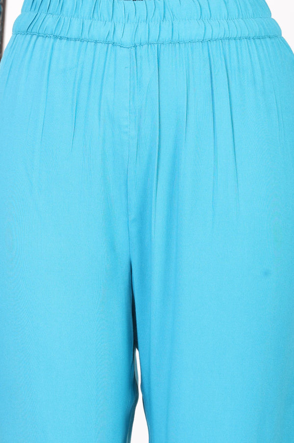 Turquoise Blue Solid Buttons Rayon Straight Ankle Length Mid Rise Trousers