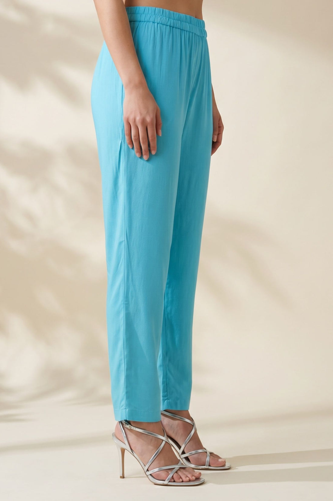 Turquoise Blue Solid Buttons Rayon Straight Ankle Length Mid Rise Trousers