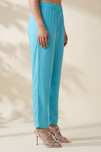 Turquoise Blue Solid Buttons Rayon Straight Ankle Length Mid Rise Trousers