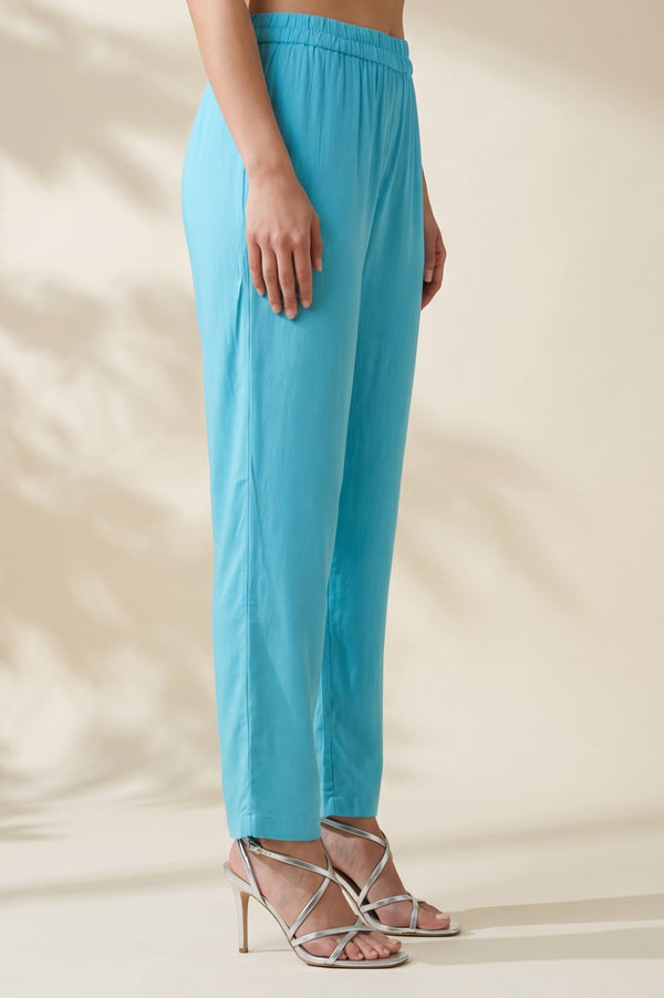 Turquoise Blue Solid Buttons Rayon Straight Ankle Length Mid Rise Trousers