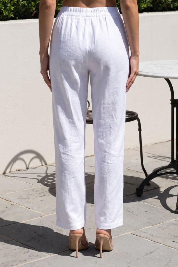 White Solid Cotton Flax Straight Fit Pants