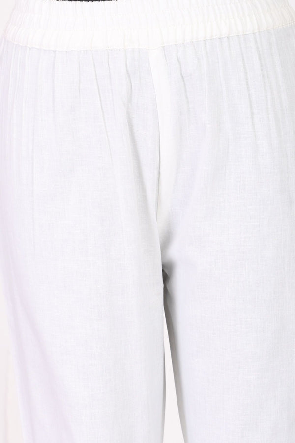 White Solid Cotton Flax Straight Fit Pants