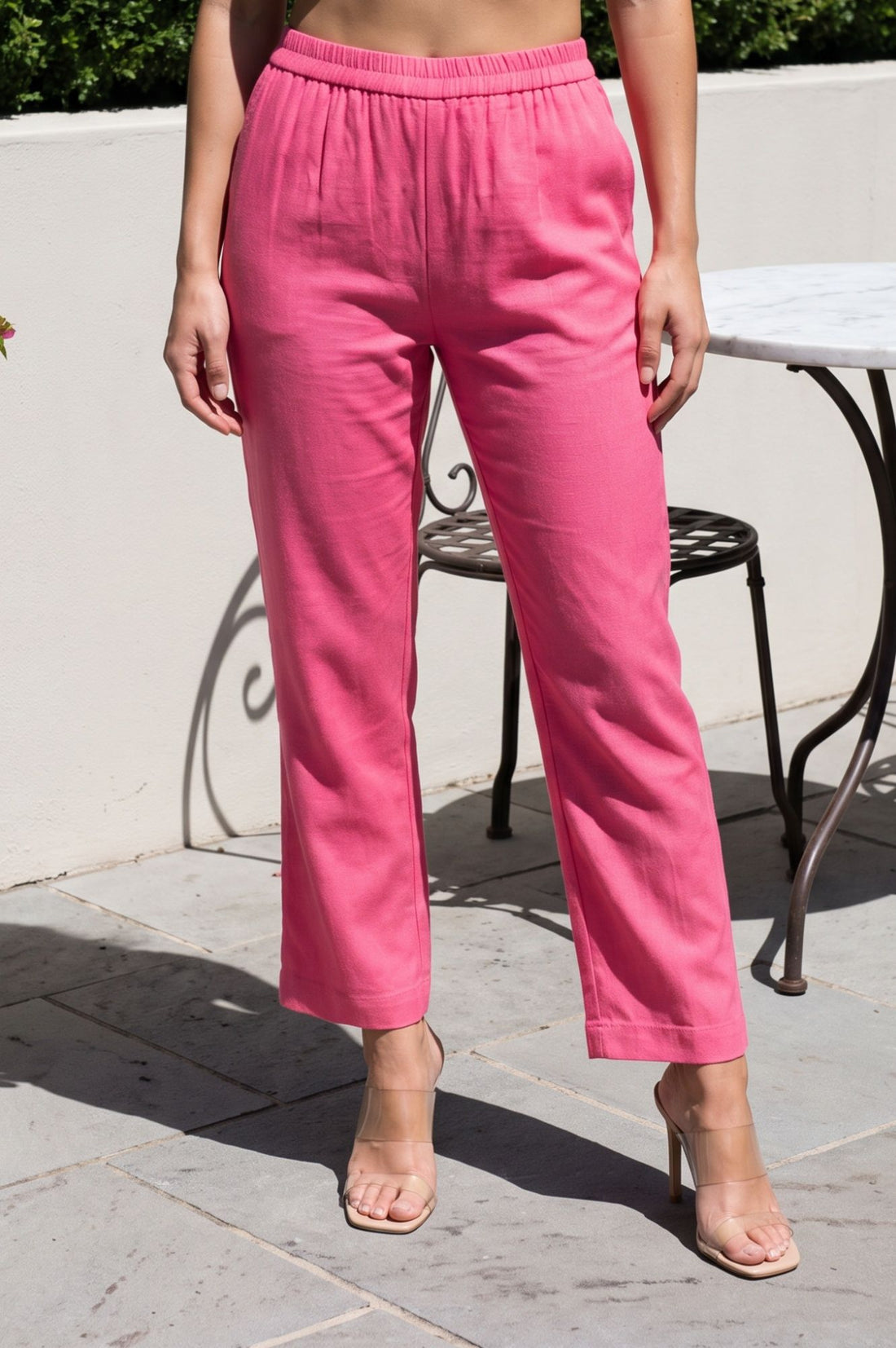 Pink Solid Cotton Flax Straight Fit Pants