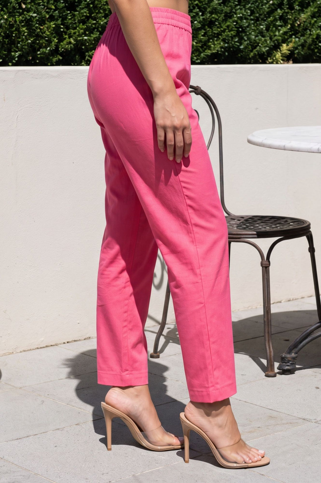 Pink Solid Cotton Flax Straight Fit Pants